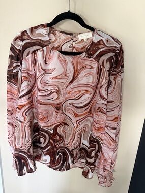 MELLODAY Pink Brown Marble-Print Long Sleeve Blouse